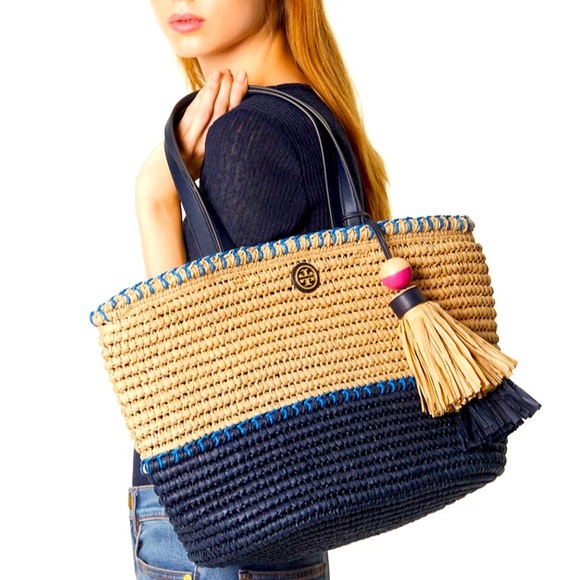 Tory Burch Handbags - TORY BURCH Large Raffia Straw Tote Bag Toast /Navy/ Bondi Blue with Large Tassel